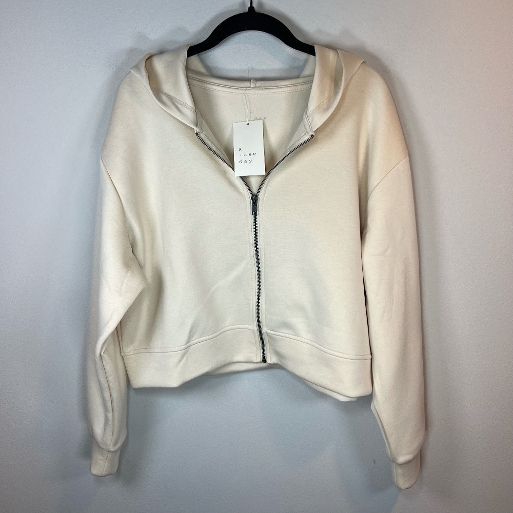 A New Day Zip Up Hoodie Jacket Cream Cropped Soft Cozy Neutral NEW Women's Sz XL - Picture 2 of 15